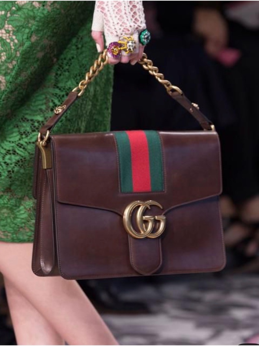 Gucci GG Marmont Web Shoulder Bag Brown Leather Gold Chain Crossbody Designer